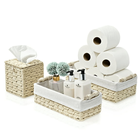 Sorbus 3 Piece Bathroom Basket and Tissue Holder Set - Decorative Wicker Baskets for Bathroom, Store Washcloths, Hand Towels, Tissue, Skincare, and More, Beige