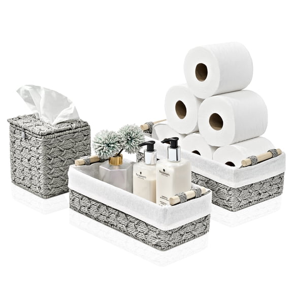 Sorbus 3 Piece Bathroom Basket and Tissue Holder Set - Decorative Wicker Baskets for Bathroom, Store Washcloths, Hand Towels, Tissue, Skincare, and More, Gray