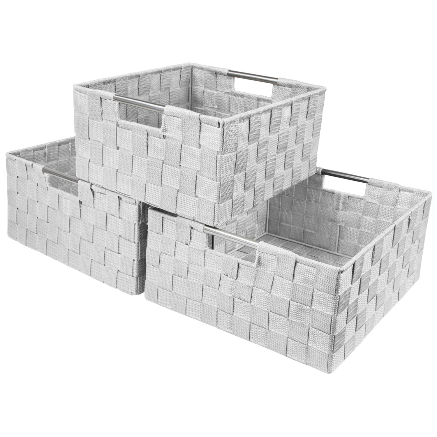 Sorbus 3 Piece Woven Storage Basket Set, Stackable Cube Bins with Handles, White Organizer Totes