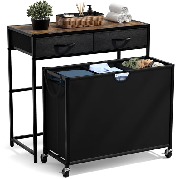 Sorbus 3-Section Rolling Laundry Hamper with Shelf, Drawers & Wheels for Sorting & Organization, Rustic