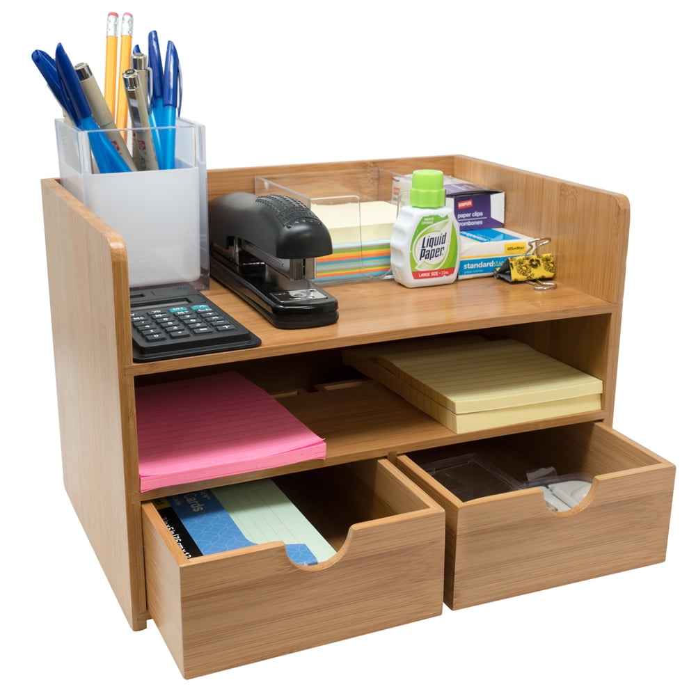 Sorbus New 3-Tier Bamboo Desk Organizer with Drawers and Shelf in a Single Pack