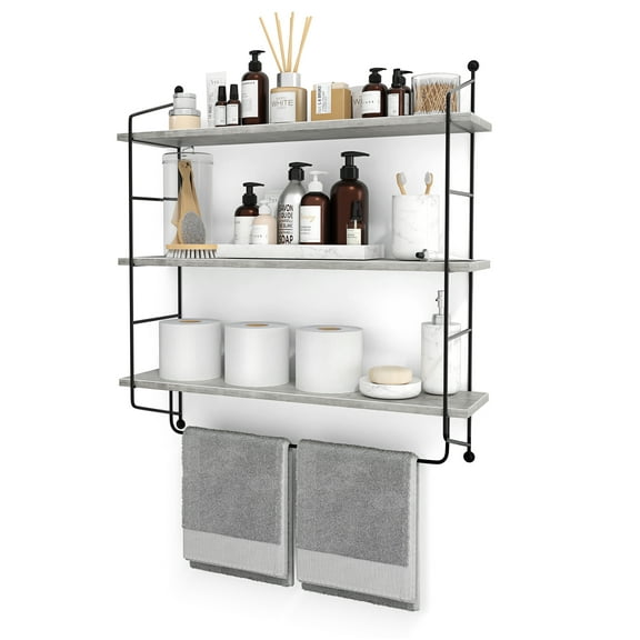 Sorbus 3-Tier Bathroom Floating Shelves, Wooden Wall Storage with Metal Brackets, Gray