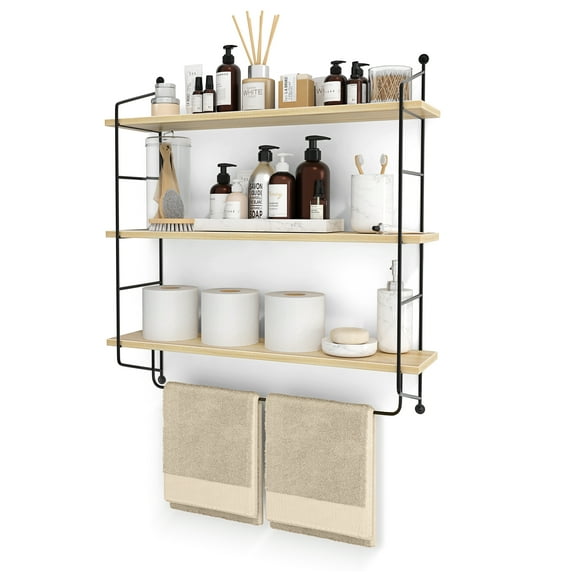 Sorbus 3-Tier Floating Bathroom Shelves for Wall - Wood Wall Storage for Towels, Over the Toilet Storage Cabinet, Gaming Floating Shelves, Bathroom Accessories, and Home Decor (Maple)