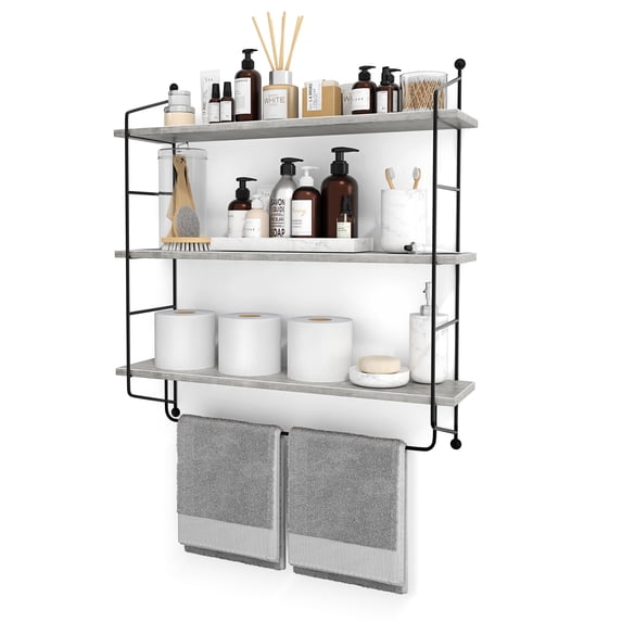 Sorbus 3-Tier Floating Bathroom Shelves for Wall - Wood Wall Storage for Towels, Over the Toilet Storage Cabinet, Gaming Floating Shelves, Bathroom Accessories, and Home Decor (Gray)