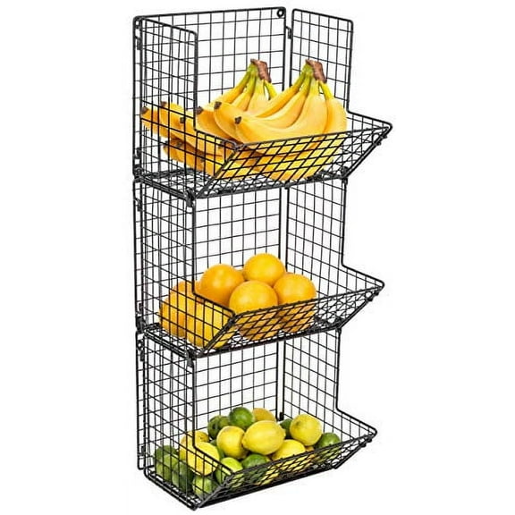 Sorbus 3-Tier Fruit Stand & Wall Mount Kitchen Storage Bin Multipurpose Foldable Organizer, Great for Kitchen, Bathroom, Laundry Organization (Black)
