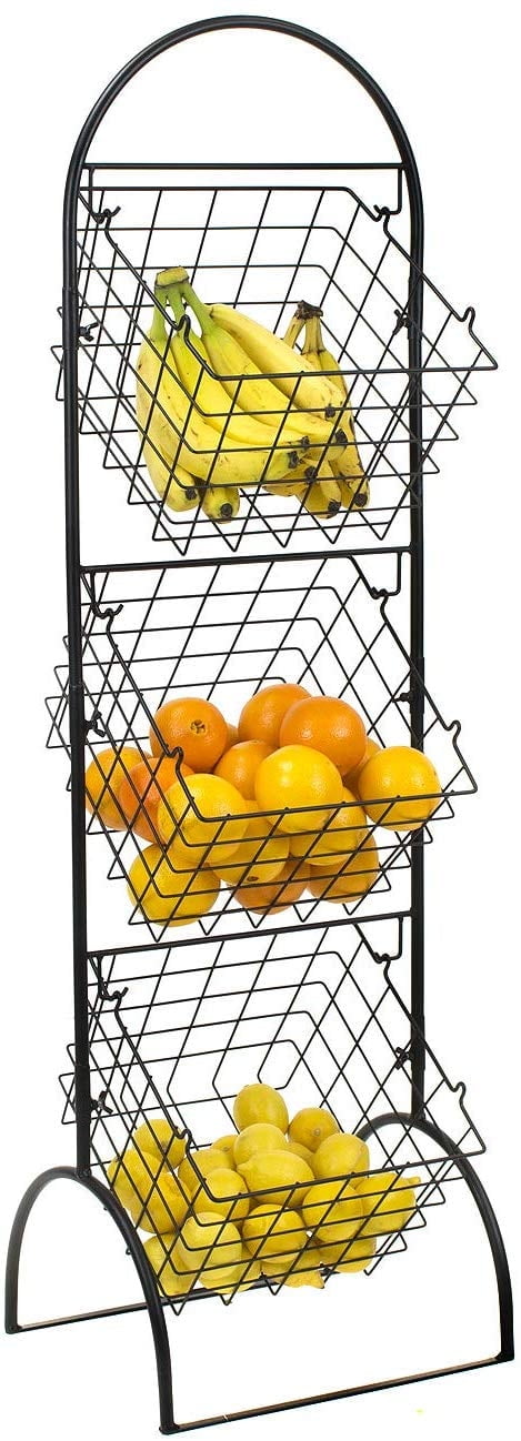 Sorbus 3-Tier Wire Market Basket Storage Stand for Fruit, Vegetables, Toiletries, Household Items, Stylish Tiered Serving Stand Baskets for Kitchen, Bathroom Organization (3 Tier Basket - Black)