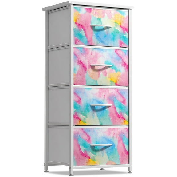 Sorbus Kids Dresser with 4 Drawers - Storage Chest Organizer Nightstand - Steel Frame, Wood Top, Tie-Dye Fabric Bins for Clothes - Wide Furniture for Bedroom, Hallway, Nursery, Closet, & Apartment