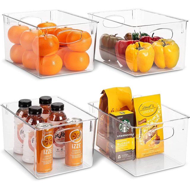 Sorbus 4 Pack Clear Plastic Storage Bins with Handles Refrigerator