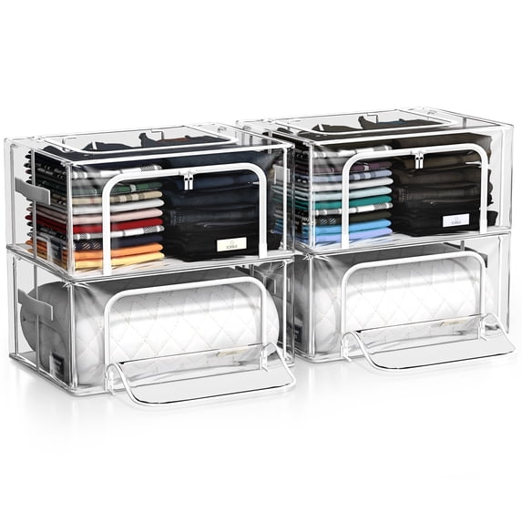 Sorbus 4-Pack Small Stackable Storage Bins, Metal Frame, Clear Collapsible Bags, Zipper