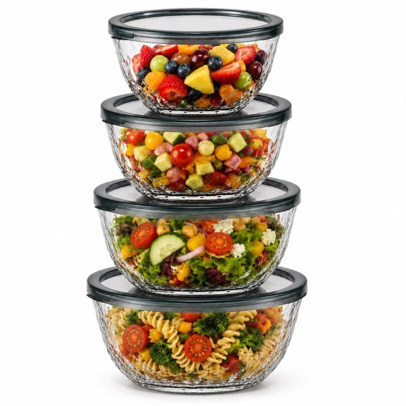 Sorbus 4-Piece Diamond Textured Glass Mixing Bowl Set with Lids, Nesting, BPA-Free, Microwave Safe
