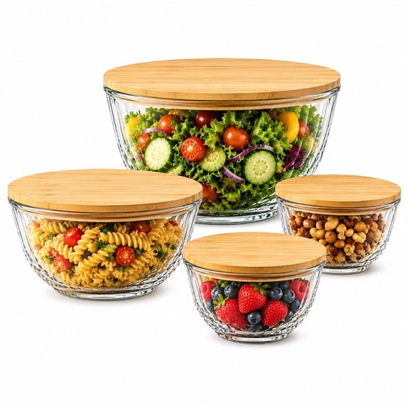 Sorbus 4-Piece Diamond Textured Nesting Glass Mixing Bowl Set with Bamboo Airtight Lids