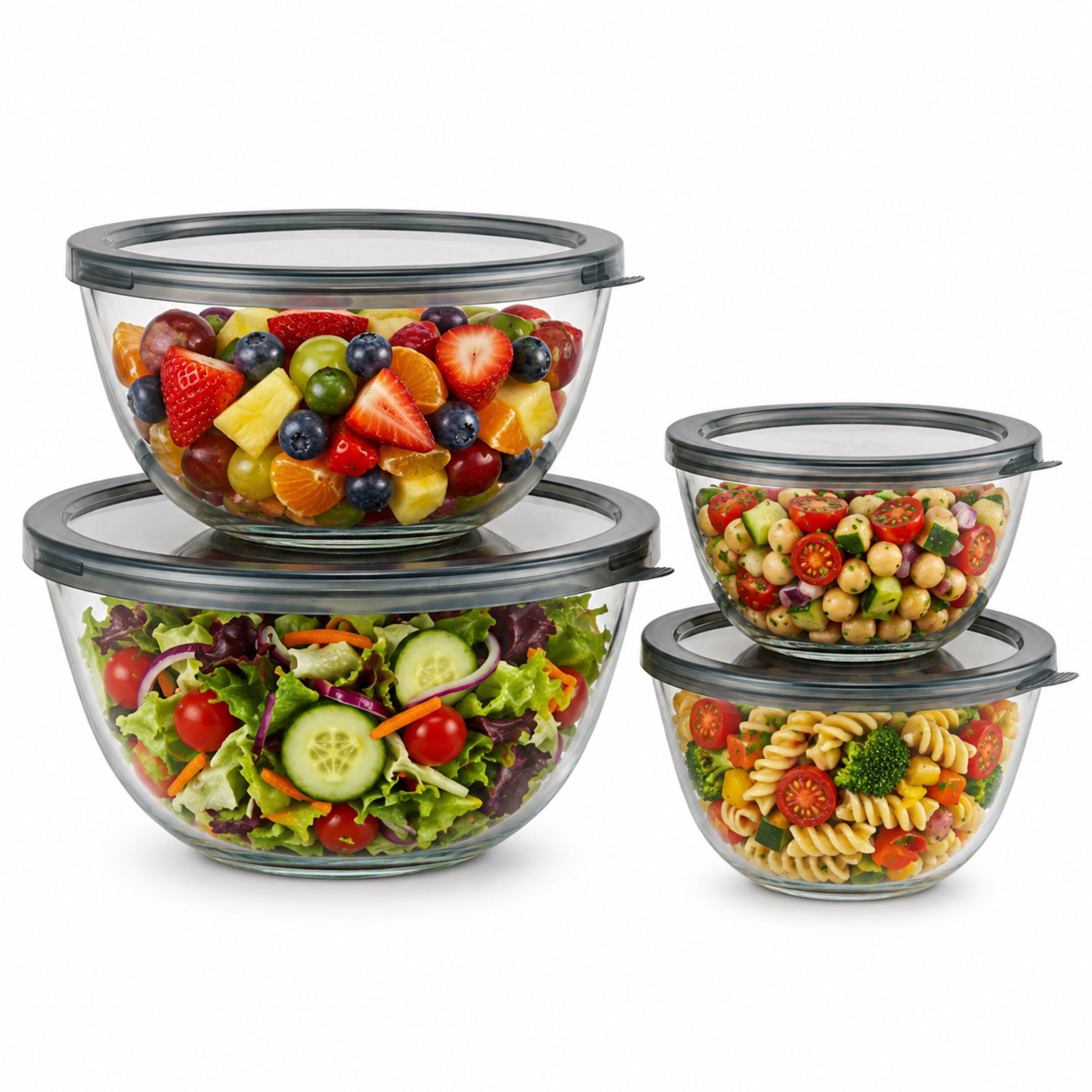Sorbus 4-Piece Glass Mixing Bowl Set with Lids, Assorted Sizes, Nesting, BPA-Free, Microwave Safe