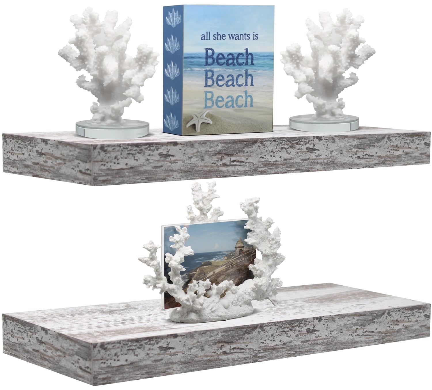 Sorbus 16.25" White Rustic Floating Shelves (Set of 2) – Wall Storage for Décor, Frames, Trophies