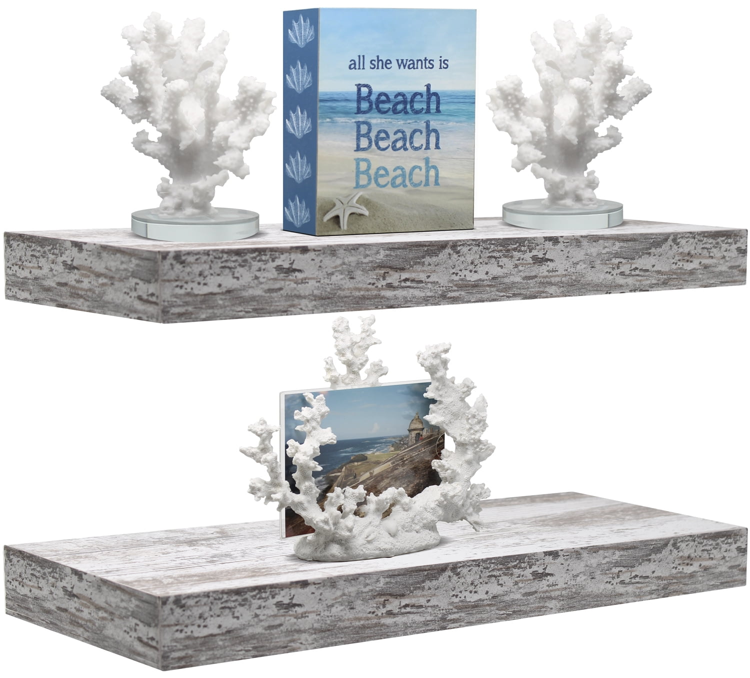 Coastal Charm White Floating Shelves 2-Pack for Living Room or Bedroom