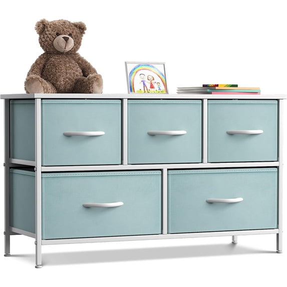 Sorbus 5-Drawer Dresser Storage Chest, Steel Frame, Wood Top, Fabric Bins, Aqua