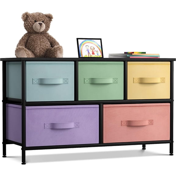 Sorbus 5-Drawer Dresser Storage Chest, Steel Frame, Wood Top, Fabric Bins, Black Multi Pastel