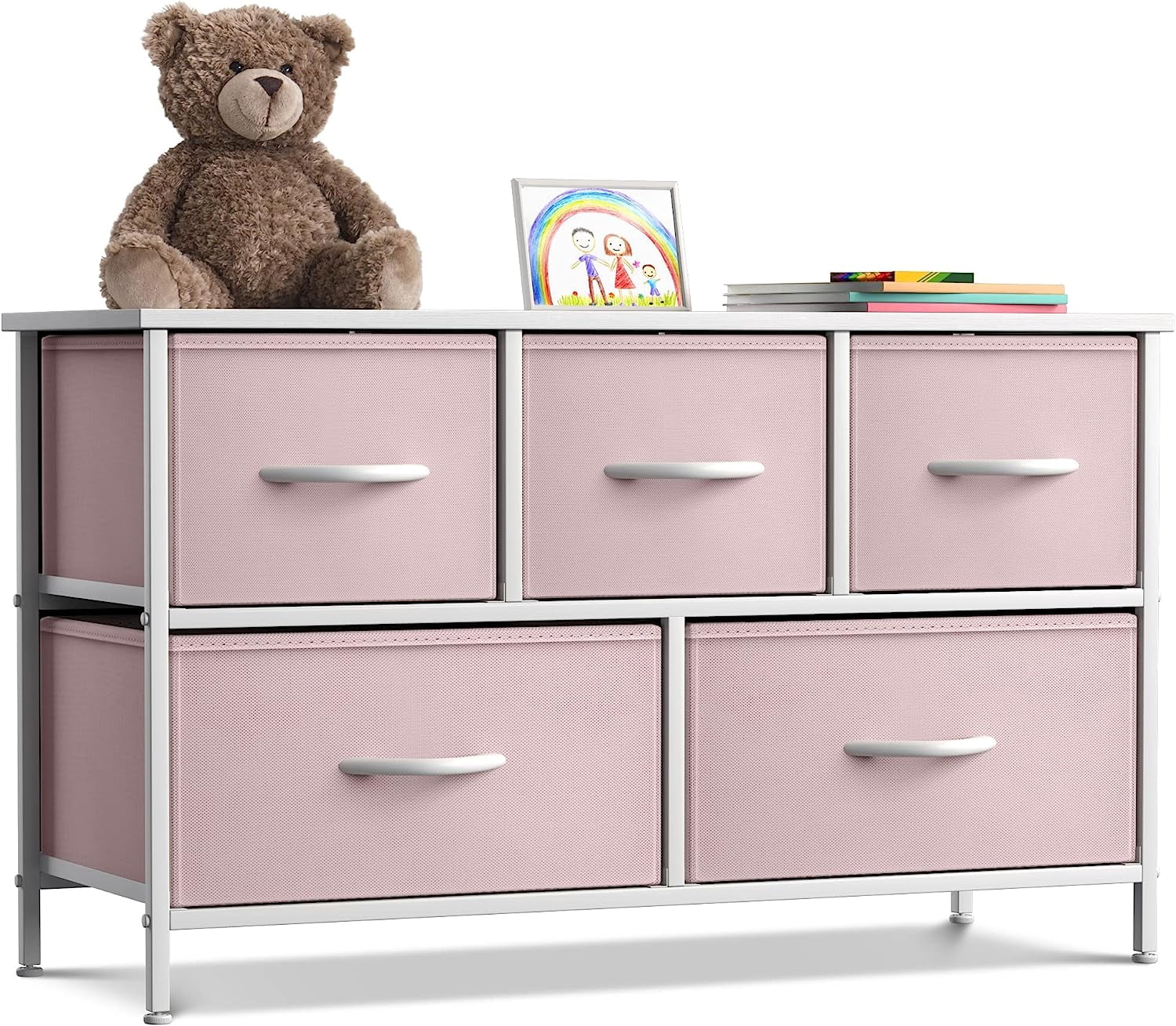 Sorbus 5-Drawer Dresser Storage Chest, Steel Frame, Wood Top, Fabric Bins, Pink