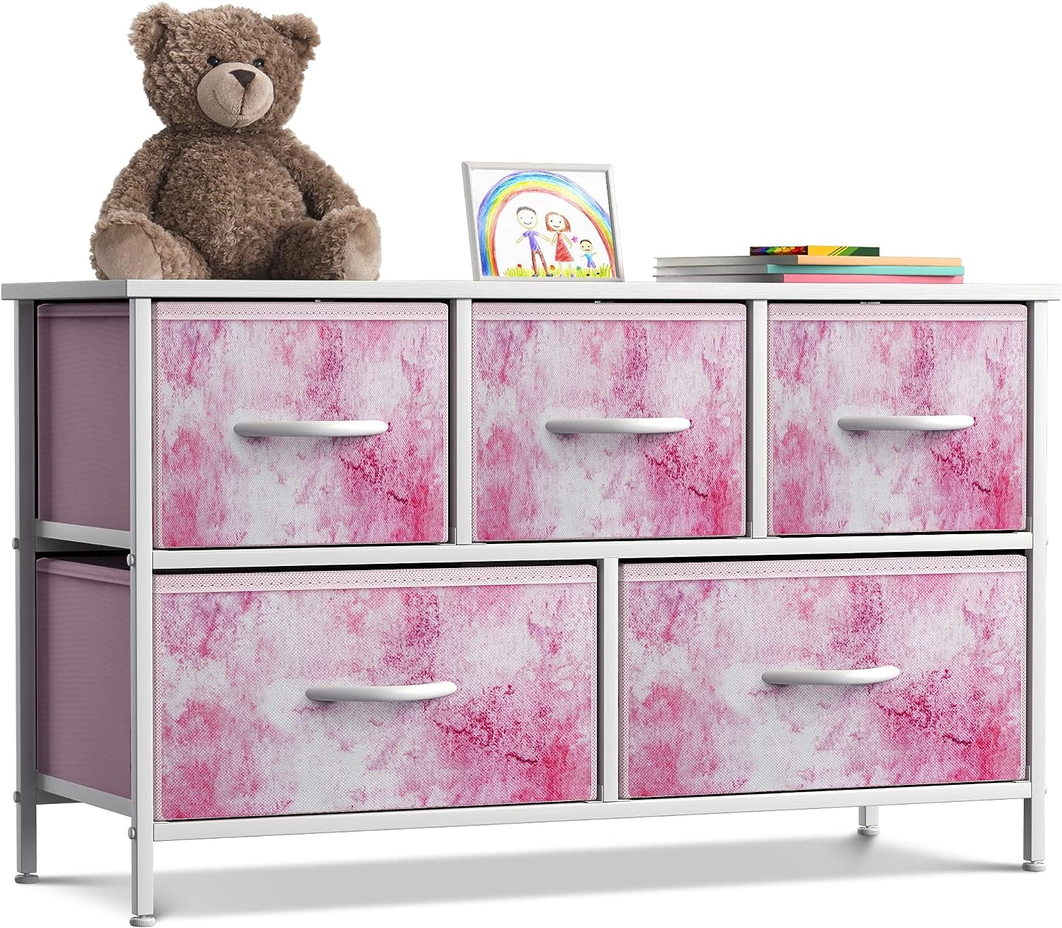 Sorbus 5-Drawer Dresser Storage Chest, Steel Frame, Wood Top, Fabric Bins, Tie-Dye Pink