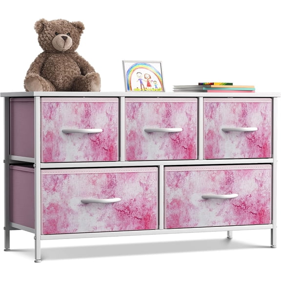 Sorbus 5-Drawer Dresser Storage Chest, Steel Frame, Wood Top, Fabric Bins, Tie-Dye Pink