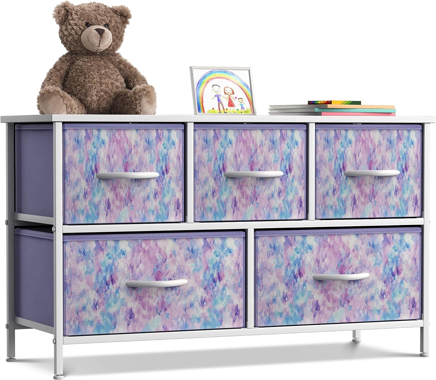 Sorbus 5-Drawer Dresser Storage Chest, Steel Frame, Wood Top, Fabric Bins, Tie-Dye Purple