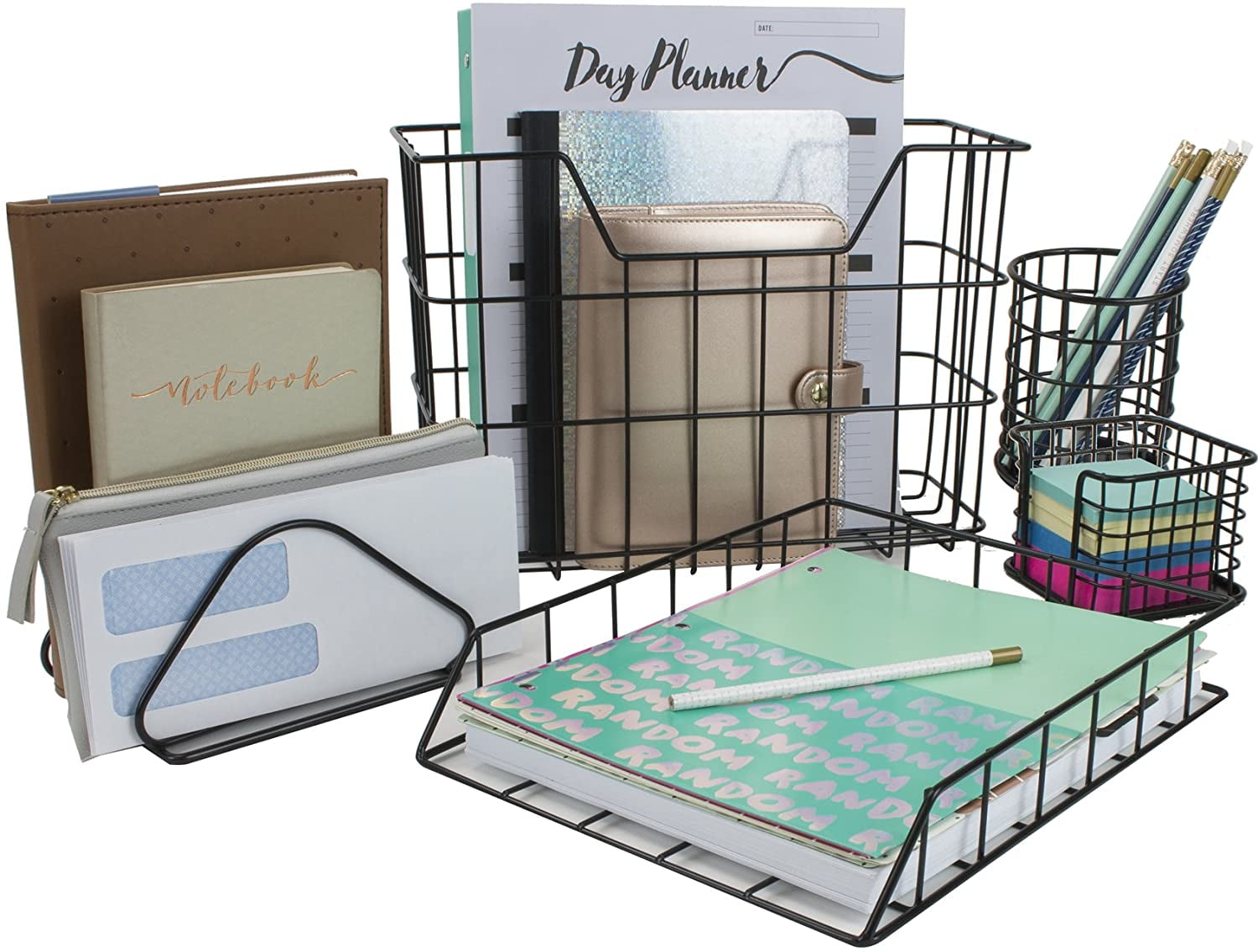 Sorbus 5-Piece Desk Organizer Set for Home and Office, Black Metal Desk Storage Set