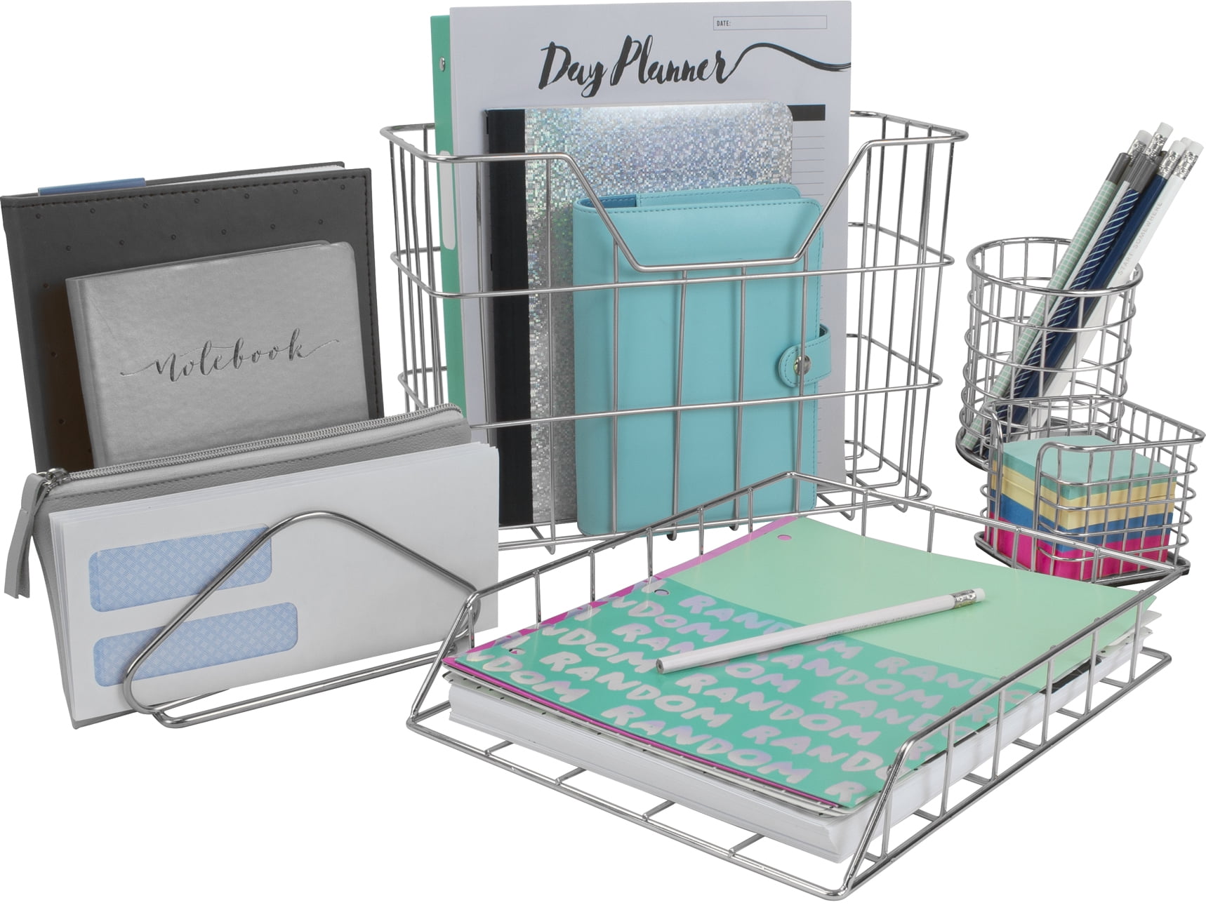 Sorbus 5-Piece Desk Organizer Set for Home and Office, Silver Metal Desk Storage Set