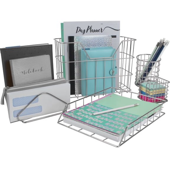 Sorbus 5-Piece Desk Organizer Set with Pencil Cup, Letter Tray, File Holder, Sorter & Sticky Note Holder, Silver
