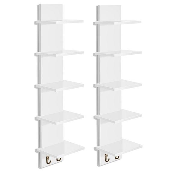 Sorbus 5 Tier Wall Shelf Unit with Hooks, Vertical Column Utility Shelving for Home Decor and Storage Organizer, Wall-Mounted Floating Shelves for Bathroom Storage, Bedroom (2 Pack)