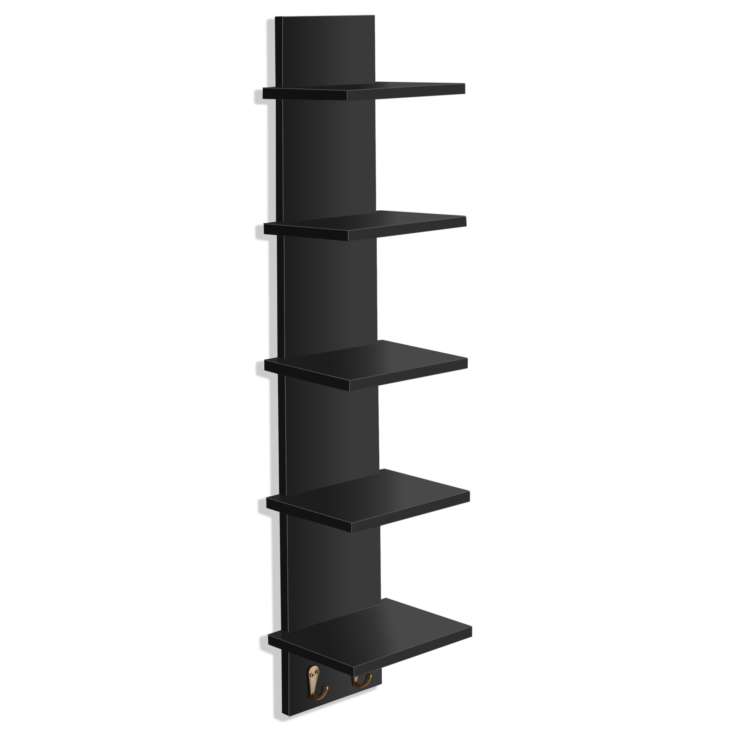 Sorbus 5-Tier Wall Shelf with Hooks, Floating Shelves for Bathroom, Bedroom, Living Room, Wall-Mounted Storage Organizer, Black