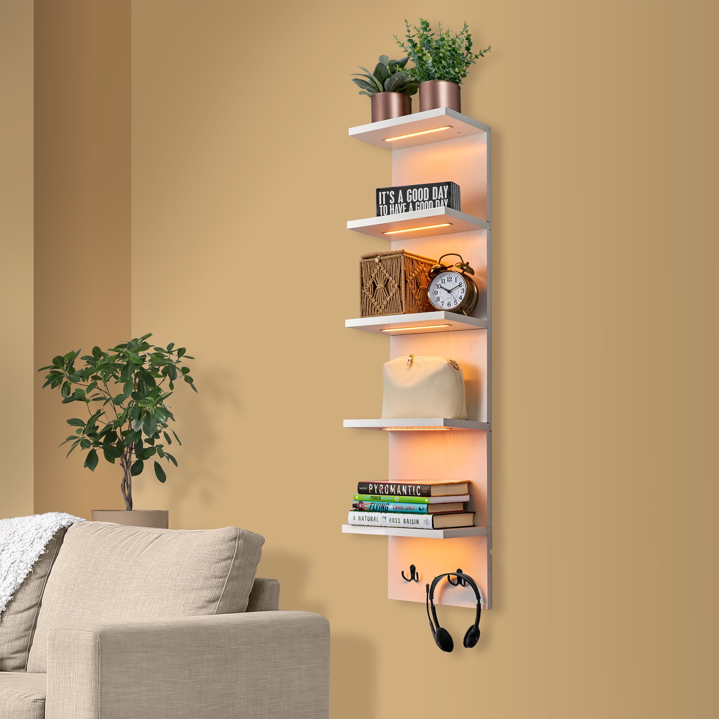 Sorbus 5 Tier White Floating Wall Shelf with LED Lights, Storage & Home Decor Display