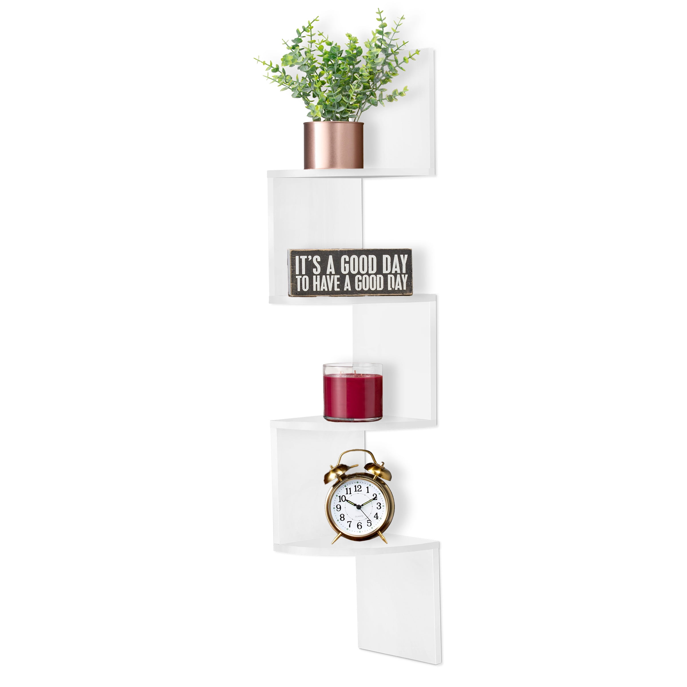 Sorbus 5-Tier Zig Zag Corner Wall Bookshelf, 40" Tall Space-Saving Storage, White
