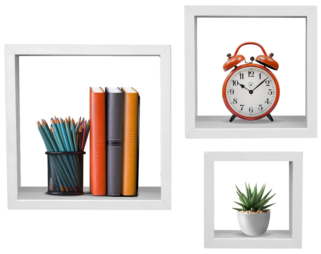 White Faux Wood Floating Cube Wall Shelves Set