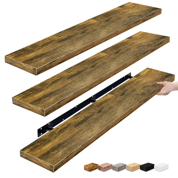 Sorbus 55in Extra-Long Floating Shelves, Wall-Mounted Storage with Hidden Brackets, Brown 3-Pack