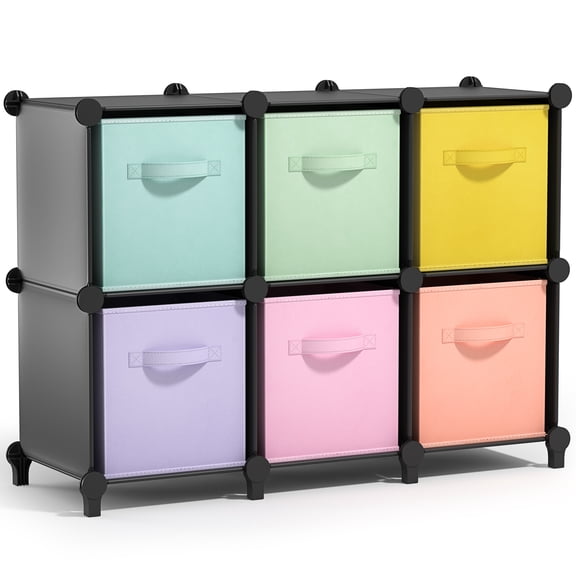 Sorbus 6-Cube Storage Organizer, Black with 6 Multicolor Pastel Fabric Storage Bins, 11 in