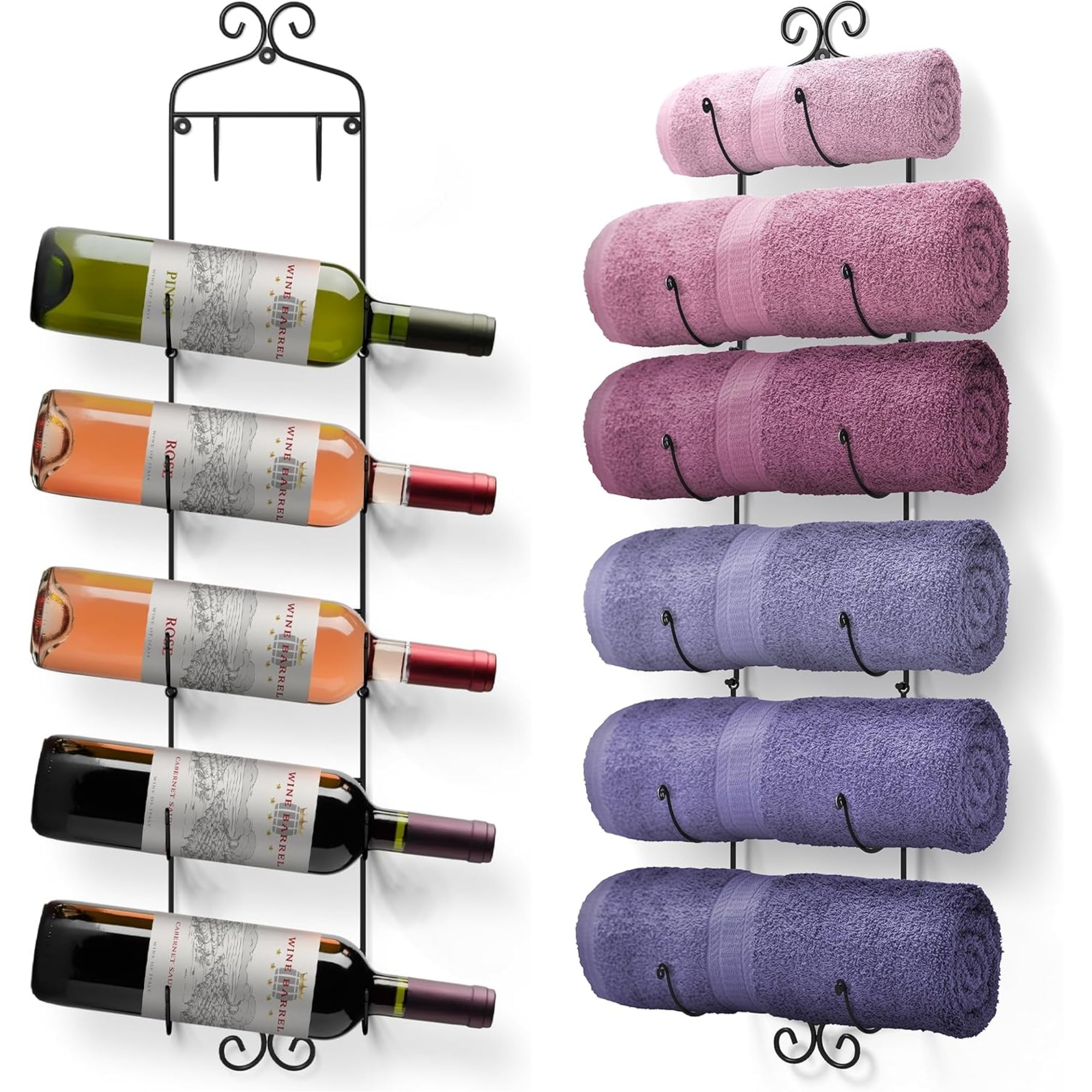 Black Metal 6-Tier Wall-Mounted Wine and Towel Rack