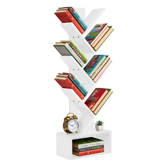 Sorbus 7-Tier Zigzag Tree Bookshelf with Open Storage Base, Space-Saving Bookcase, White