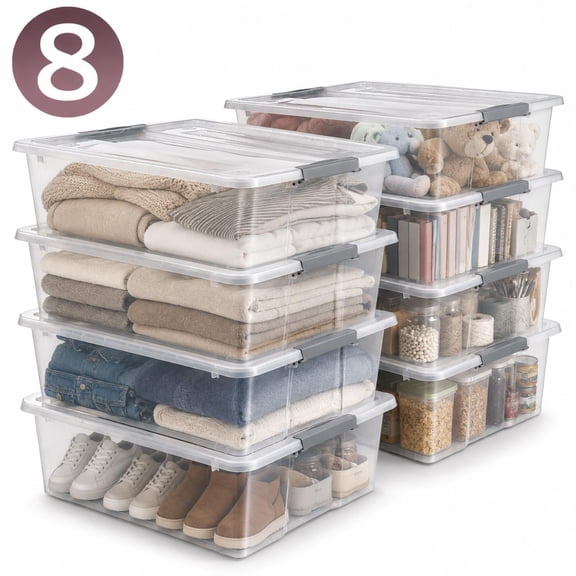 Sorbus 8-Pack 40 Qt Clear Underbed Storage Bins with Lids & Handles, Stackable