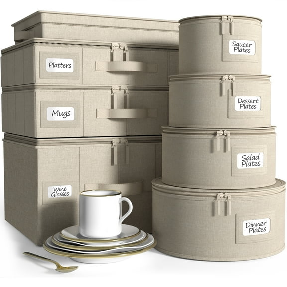Sorbus 8-Piece Hard Shell Portable China Storage Containers for Dinnerware, Beige