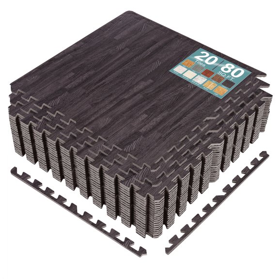 Sorbus 80 Sq. Ft. Carbon Wood Grain Foam Interlocking Floor Tiles 3/8-Inch Thick 20 pcs w/ Borders