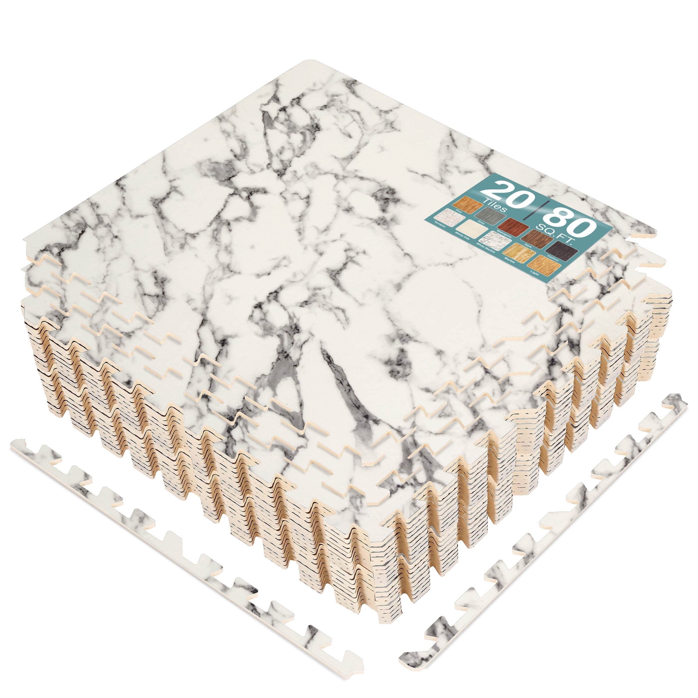 Sorbus 80 Sq. Ft. White Marble Wood Grain Foam Interlocking Floor Tiles ...