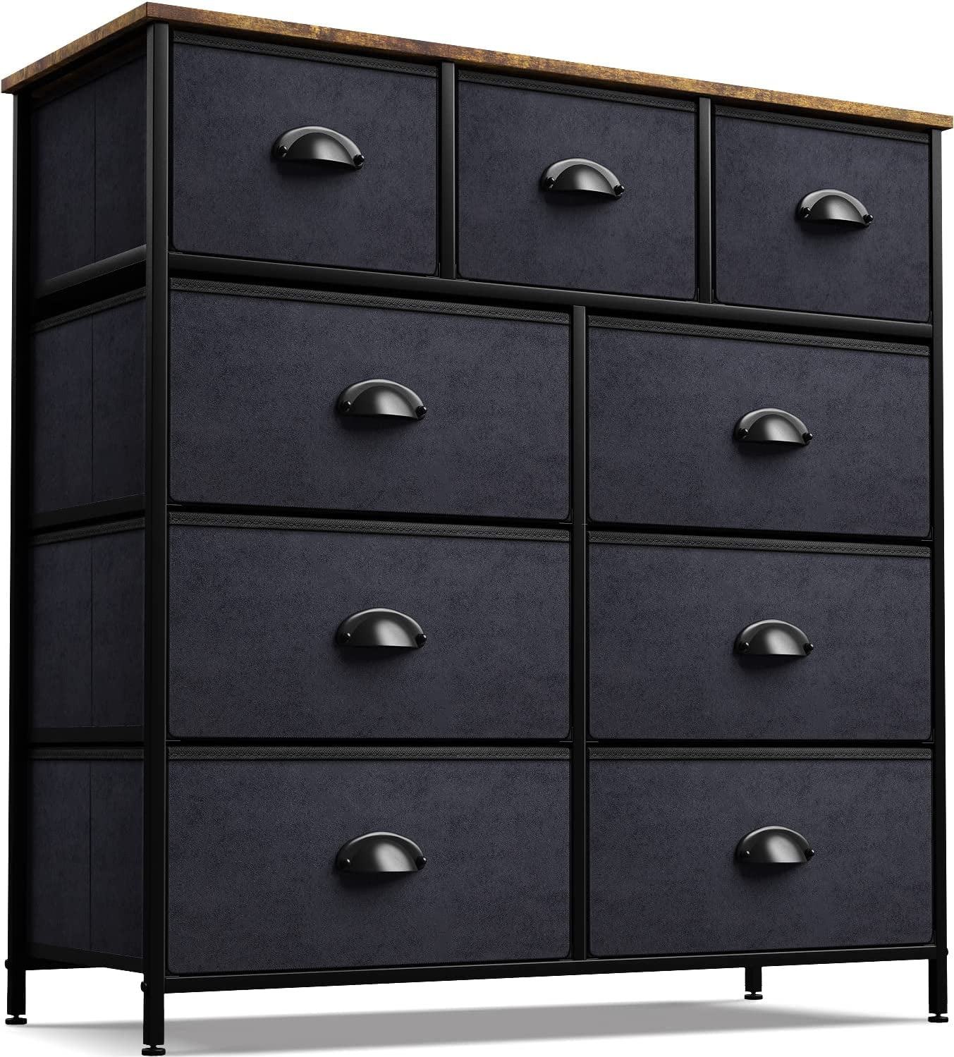 Sorbus 9-Drawer Dresser Nightstand End Table, Steel Frame, Wood Top, Black Wood