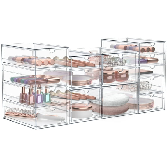 Sorbus Acrylic Cosmetic Makeup Organizer 16 Drawers Clear Stackable Storage Bins For Jewelry And Office Supplies Organizer- 4Pc