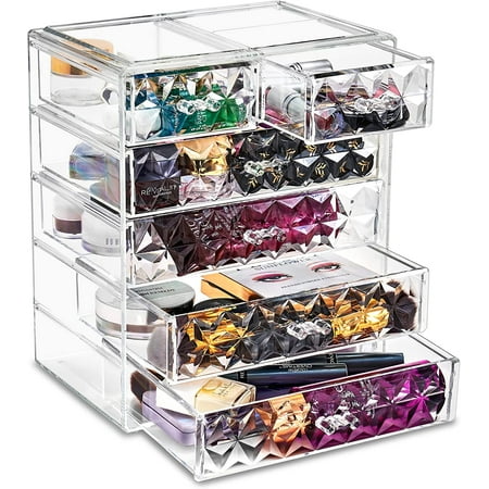 Sorbus Acrylic Cosmetic Makeup and Jewelry Storage Case Display, Spacious Design, Diamond Pattern, 4 Large/2 Small Drawers