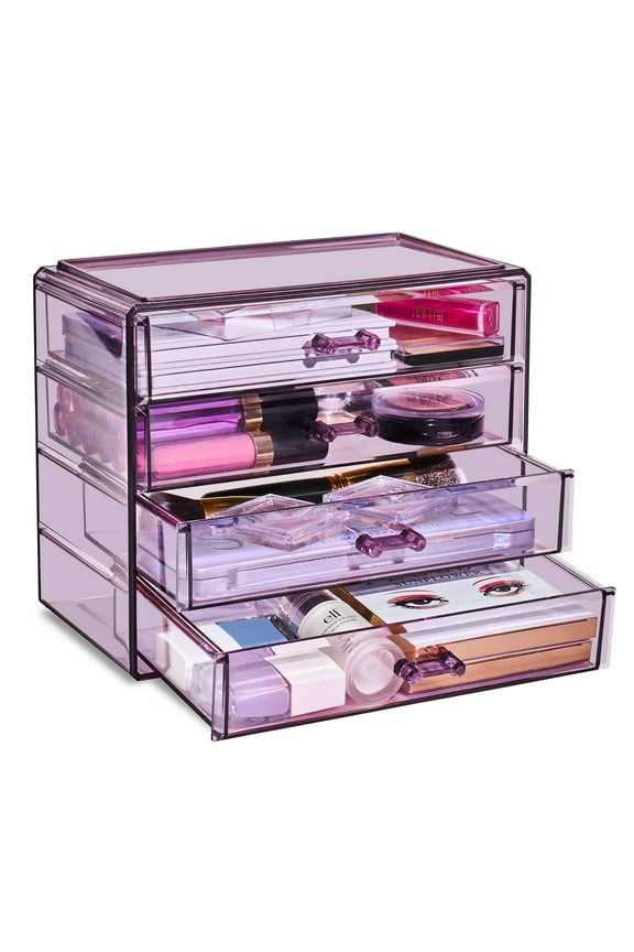 Acrylic Cosmetics Makeup and Jewelry Storage Case Display 4 Large Drawers Space- Saving, Stylish Acrylic Bathroom Case Great for Lipstick, Nail Polish, Brushes, Jewelry and More (Purple)