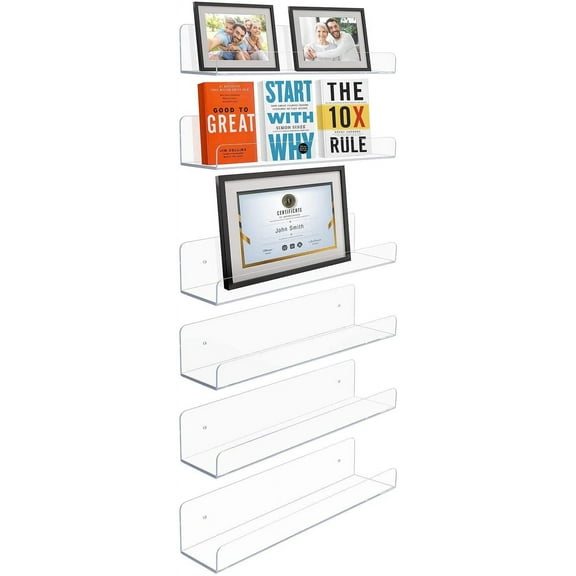 Sorbus Acrylic Floating Shelf: Invisible Display for Books, Frames, 15x4.3x3'' Wall Mount (6-Pack)
