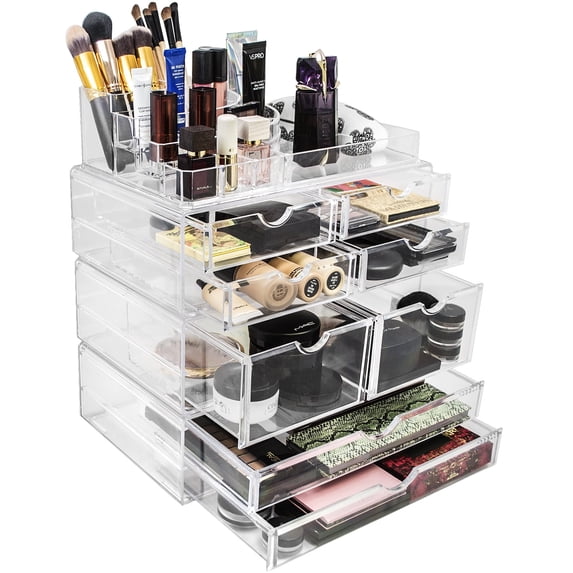 Sorbus Acrylic Makeup Organizer Set - Vanity Countertop Cosmetics and Jewelry Storage Case Display with 8 -Multiple Size- Easy Glide Drawers and 16 Slot Top Tray