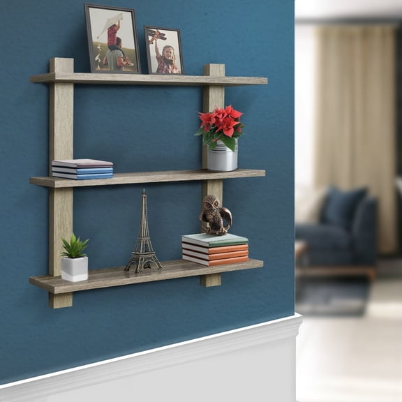 Sorbus Asymmetric Square Floating Shelf: Decorative 3-Tier Display - Grey