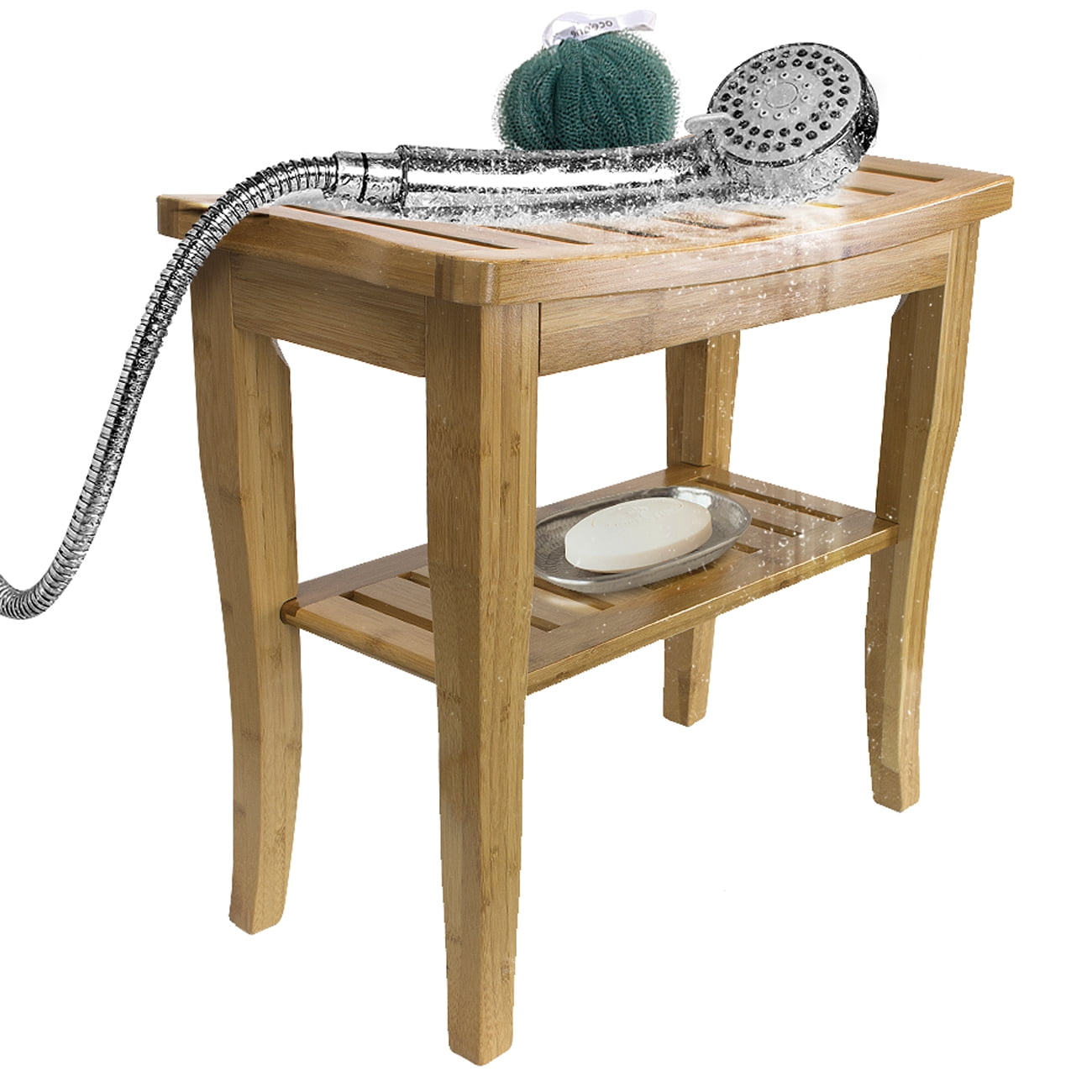 Sorbus Bamboo Shower Bench Stool with Shelf, 2-Tier Bathroom Bath Seat Storage Chair