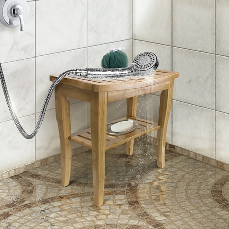 Sorbus Bamboo Stool with Shelf , 2-Tier Wood Storage & Seating for Bathroom, Spa Sauna Seat