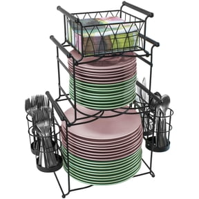 Sorbus Buffet Caddy — 7-Piece Stackable Set Includes Plate, Napkin, and Silverware Holder, 3-Tier Detachable Tabletop Organizer — Ideal for Kitchen, Dining, Entertaining, Parties, Picnics, etc (Black)